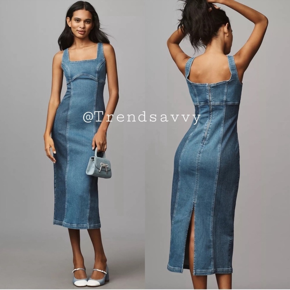 Anthropologie Pilcro Denim Corset Midi Dress Blue Square Neck Size S NWT Chic